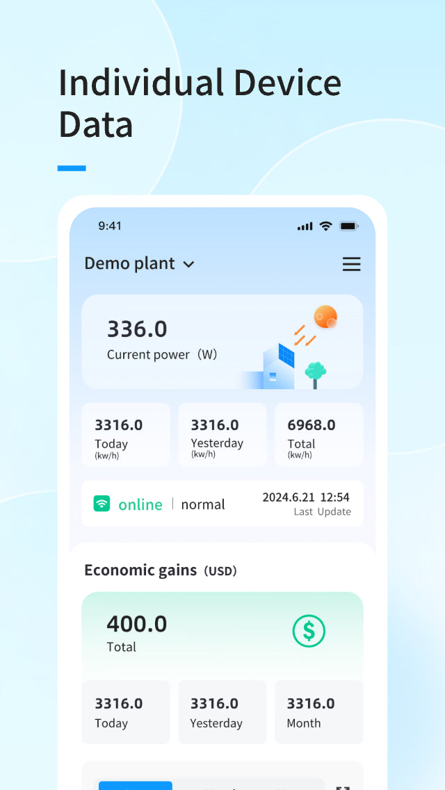 Smartphone showing Volta Home app dashboard with live solar production graph